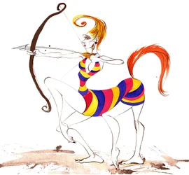 Tekens van de Dierenriem: Boogschutter jurk uit een serie modekarikaturen, één voor elk teken van de dierenriem